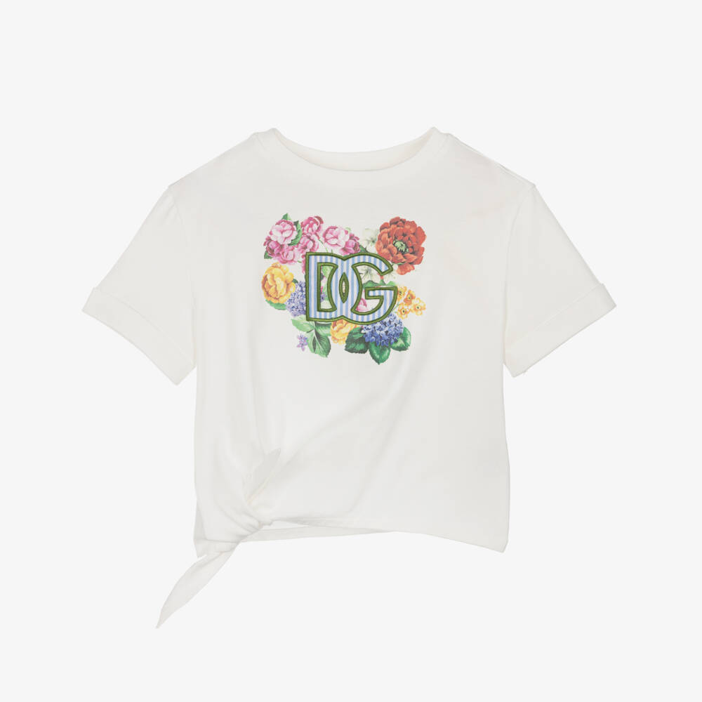 Dolce & Gabbana-Girls Ivory Tie-Front Floral Tee | Childrensalon Outlet