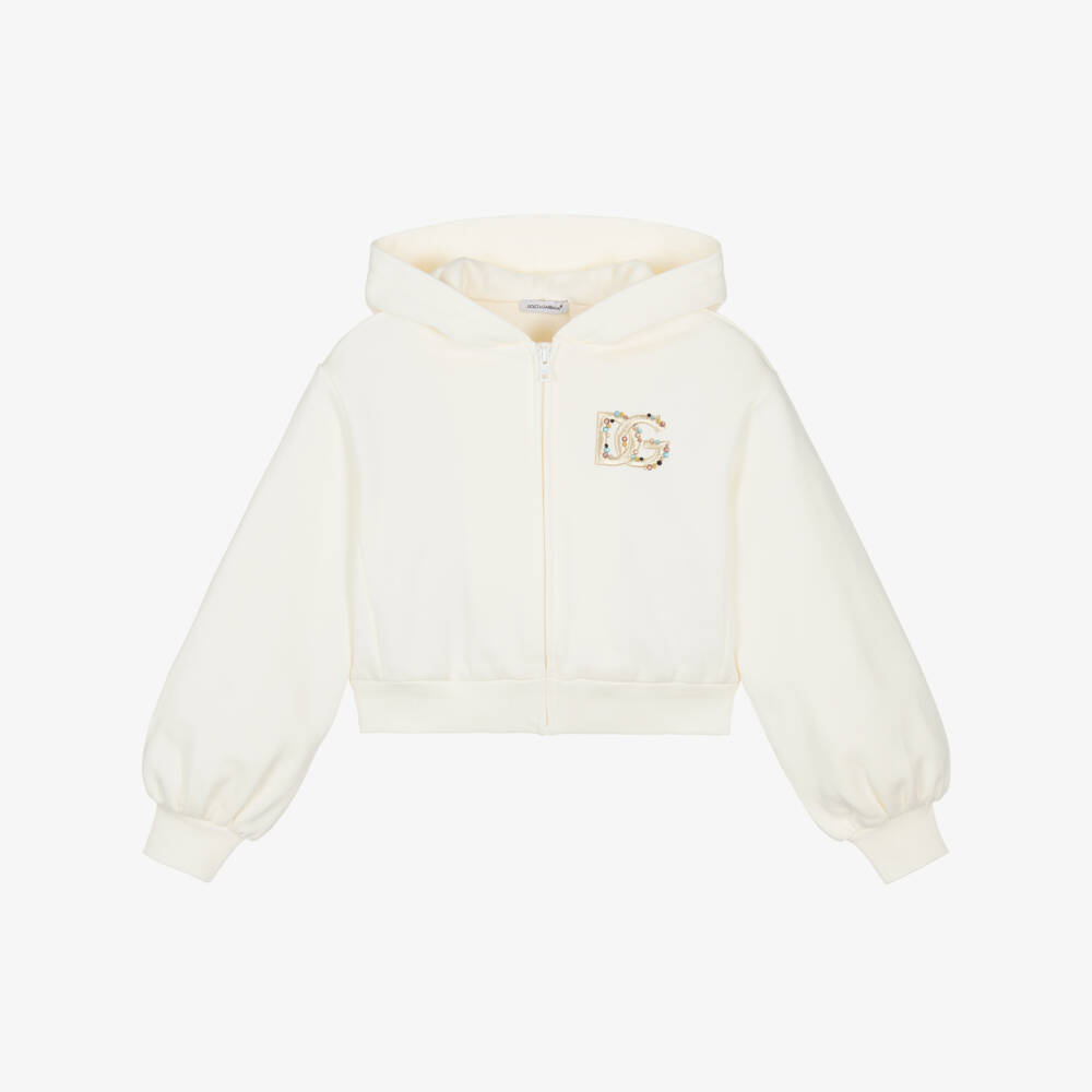 Dolce & Gabbana-Girls Ivory Zip-Up Top with Rhinestone DG Logo | Childrensalon Outlet
