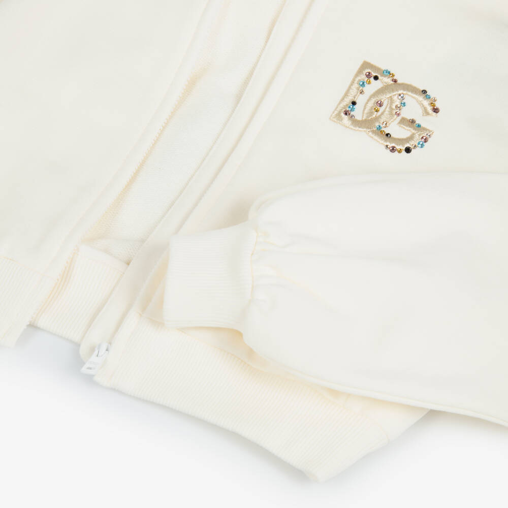 Dolce & Gabbana-Girls Ivory Zip-Up Top with Rhinestone DG Logo | Childrensalon Outlet