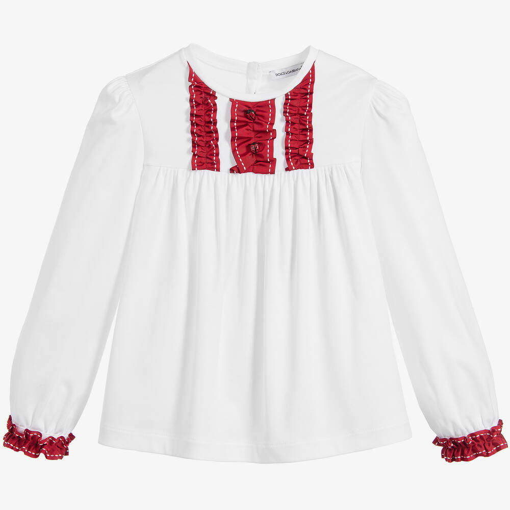 Dolce & Gabbana - بلوز قطن لون أبيض للفتيات | Childrensalon