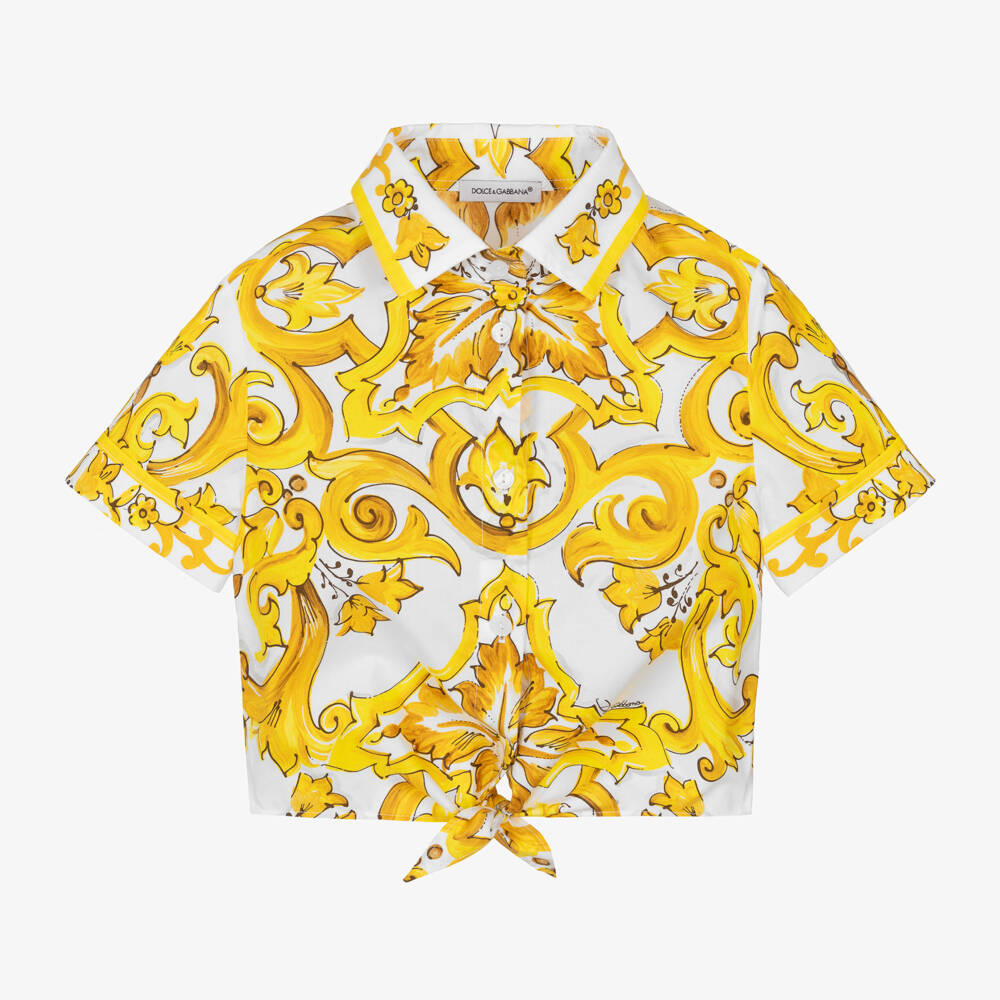 Dolce & Gabbana-قميص بطبعة ماجوليكا قطن لون أصفر للبنات | Childrensalon Outlet