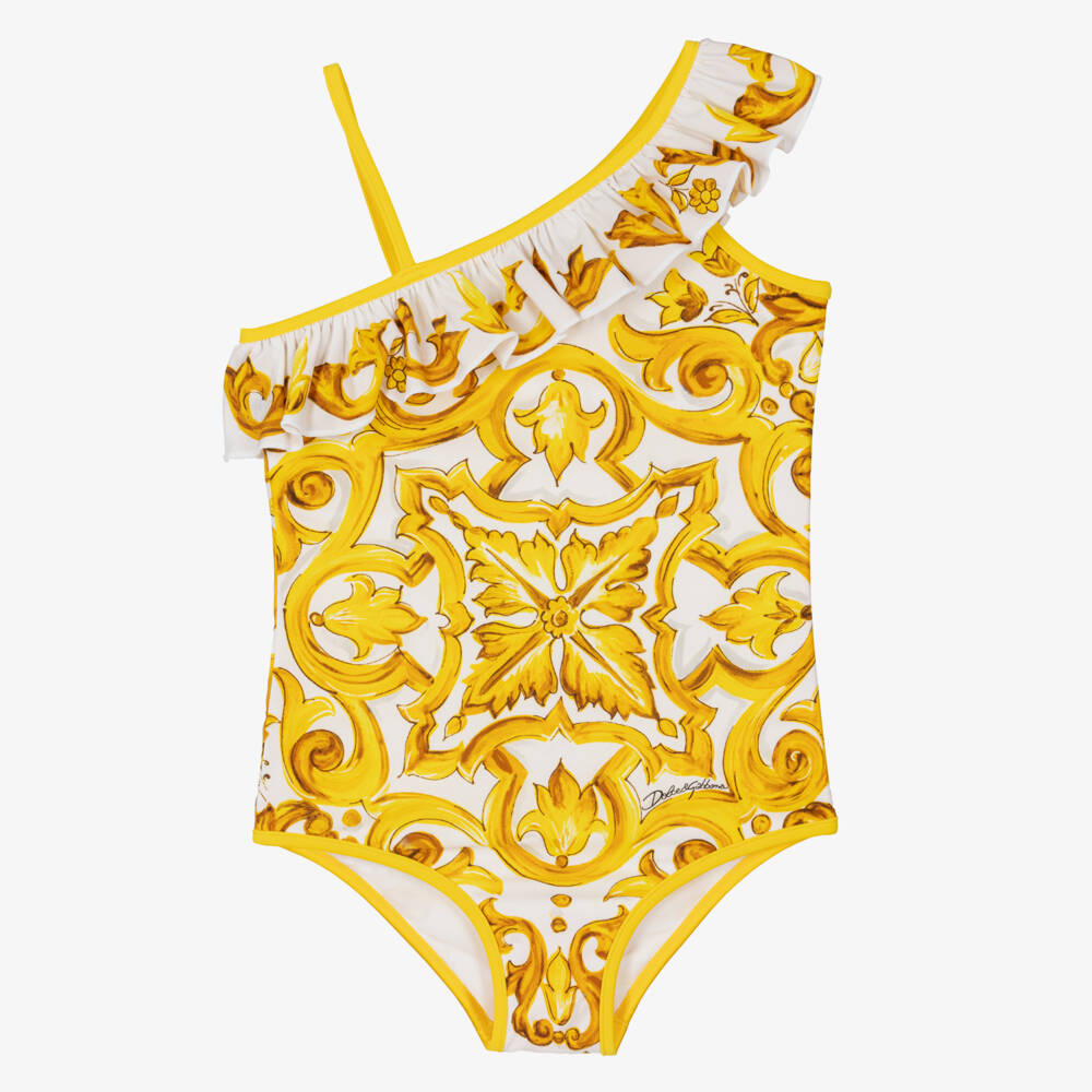 Dolce & Gabbana-Желтый купальник с принтом Majolica для девочек | Childrensalon Outlet