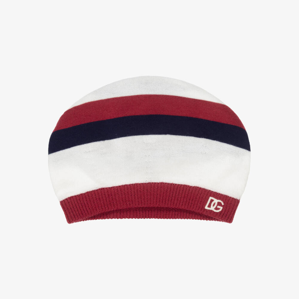 Dolce & Gabbana-Girls Maroon Red, Navy Blue & White Wool Beanie Hat | Childrensalon Outlet