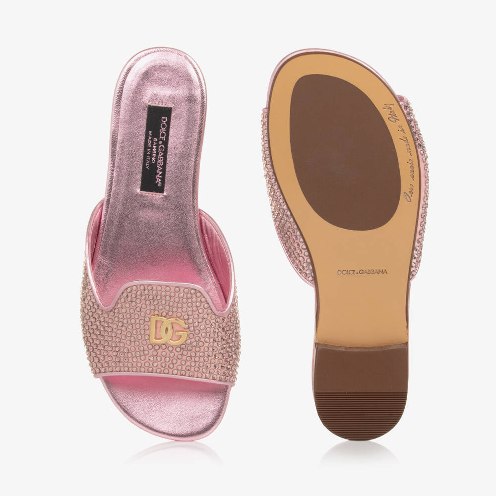 Dolce & Gabbana-Girls Metallic Pink Gem Sliders | Childrensalon Outlet
