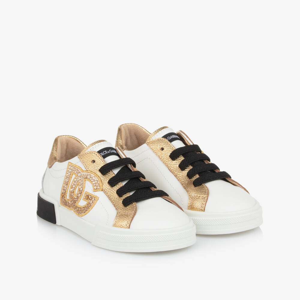 Dolce & Gabbana-Girls Metallic Trim Leather Trainers | Childrensalon Outlet