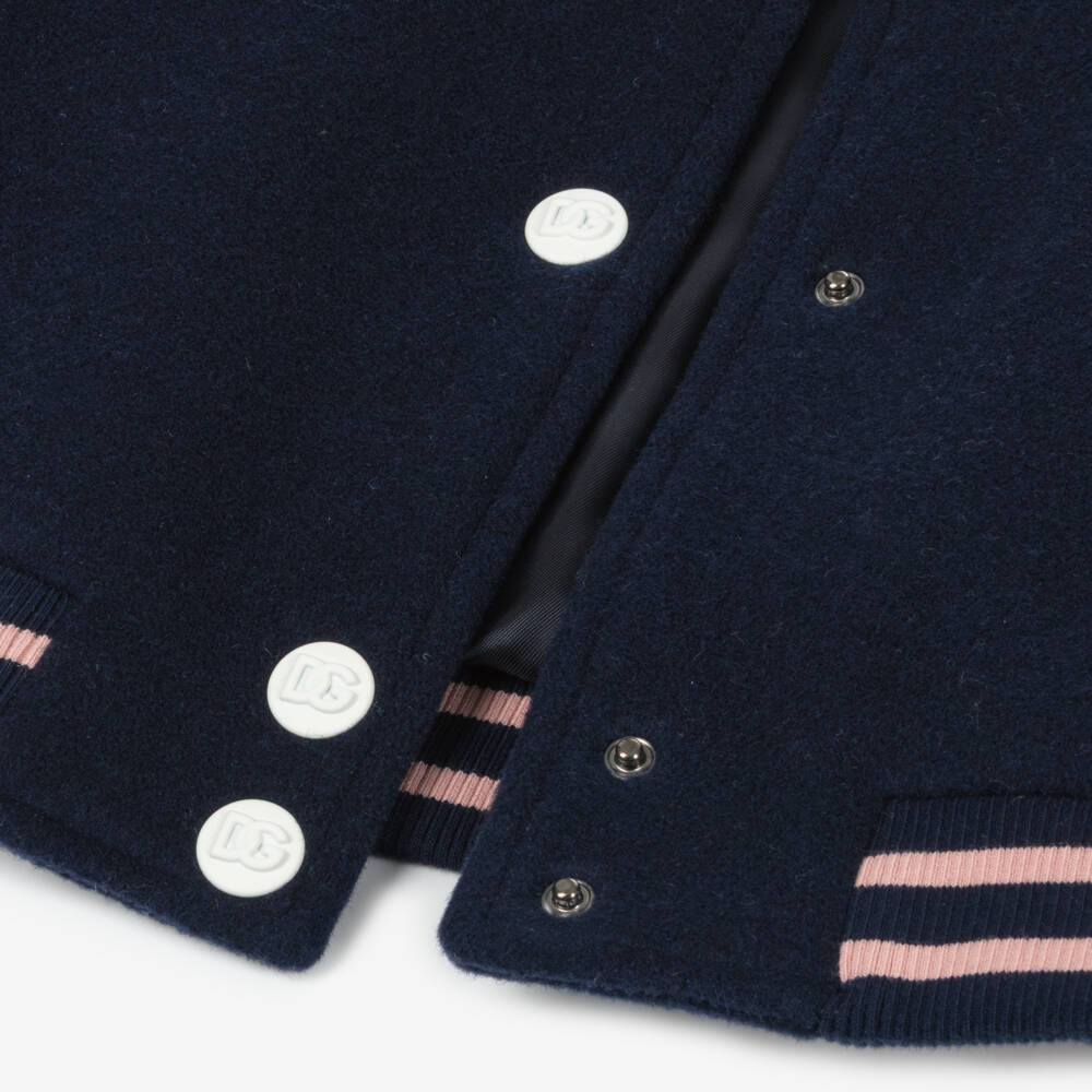 Dolce & Gabbana-Girls Navy Blue & Pink Wool Varsity Jacket with DG Logo | Childrensalon Outlet