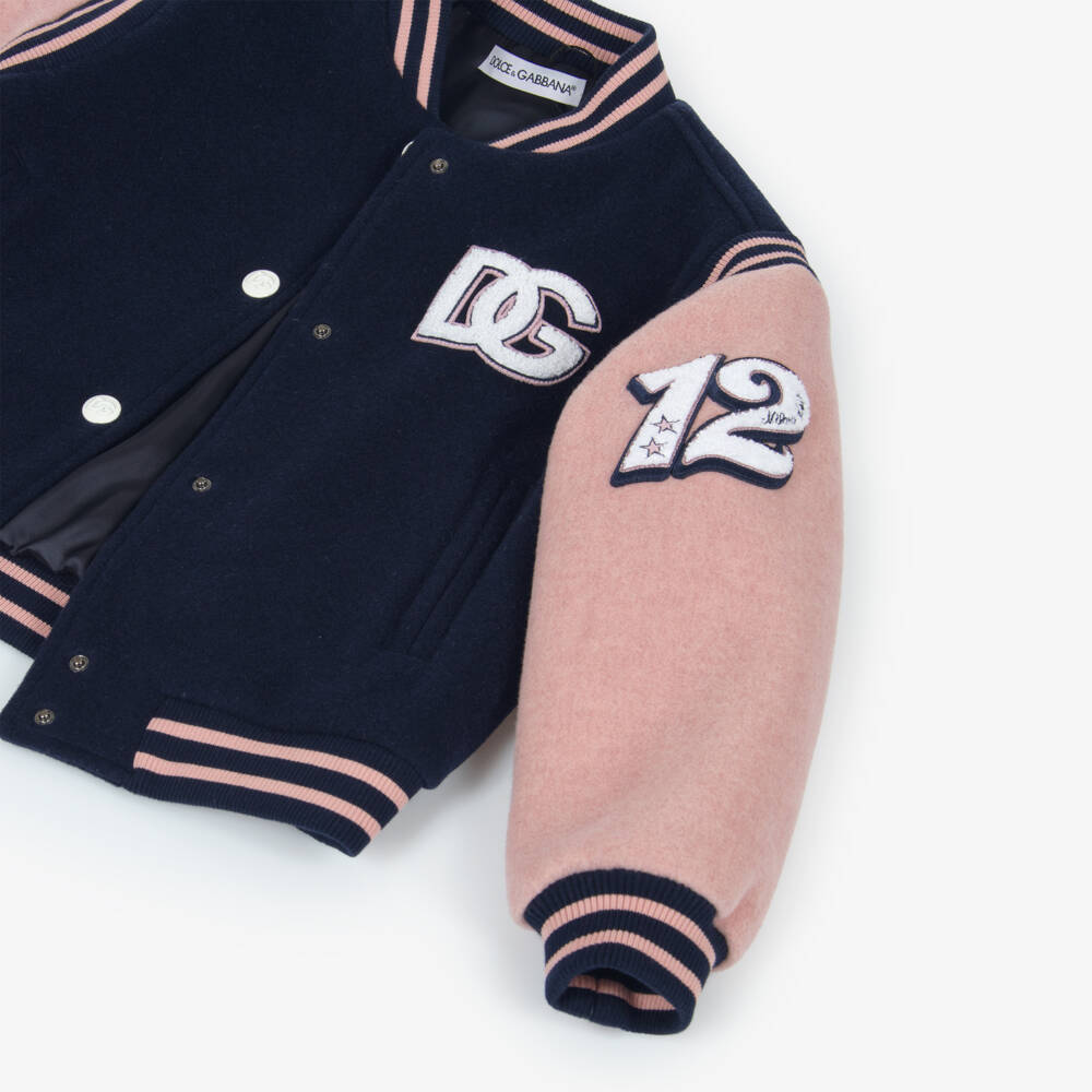 Dolce & Gabbana-Girls Navy Blue & Pink Wool Varsity Jacket with DG Logo | Childrensalon Outlet