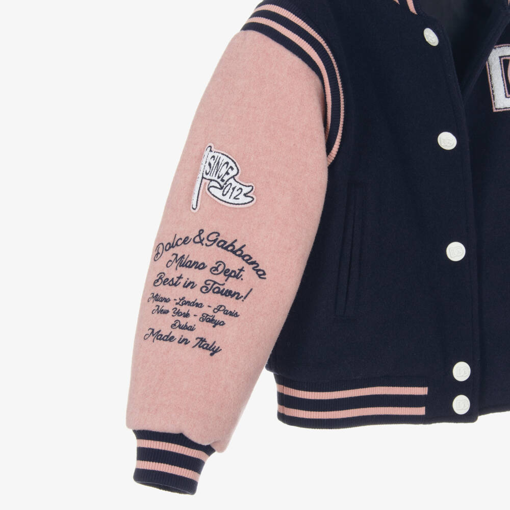Dolce & Gabbana-Girls Navy Blue & Pink Wool Varsity Jacket with DG Logo | Childrensalon Outlet