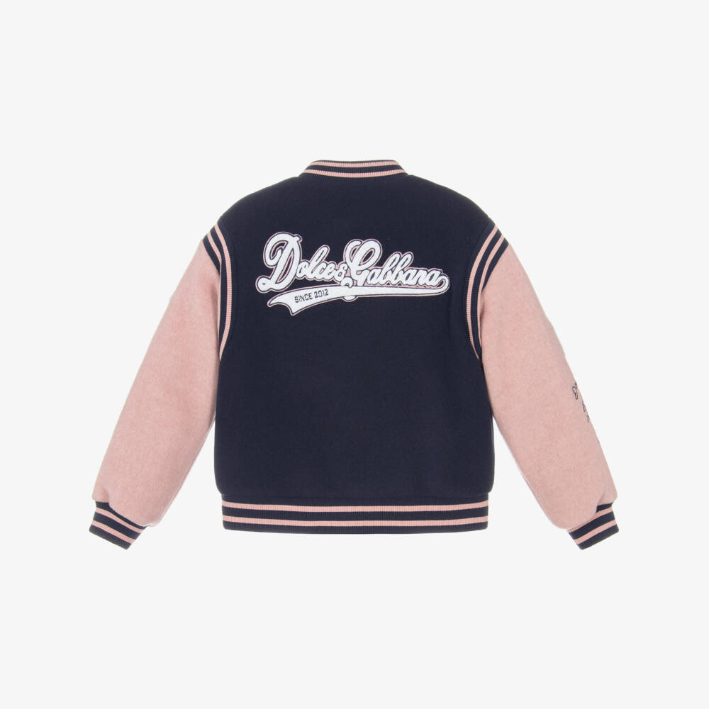 Dolce & Gabbana-Girls Navy Blue & Pink Wool Varsity Jacket with DG Logo | Childrensalon Outlet