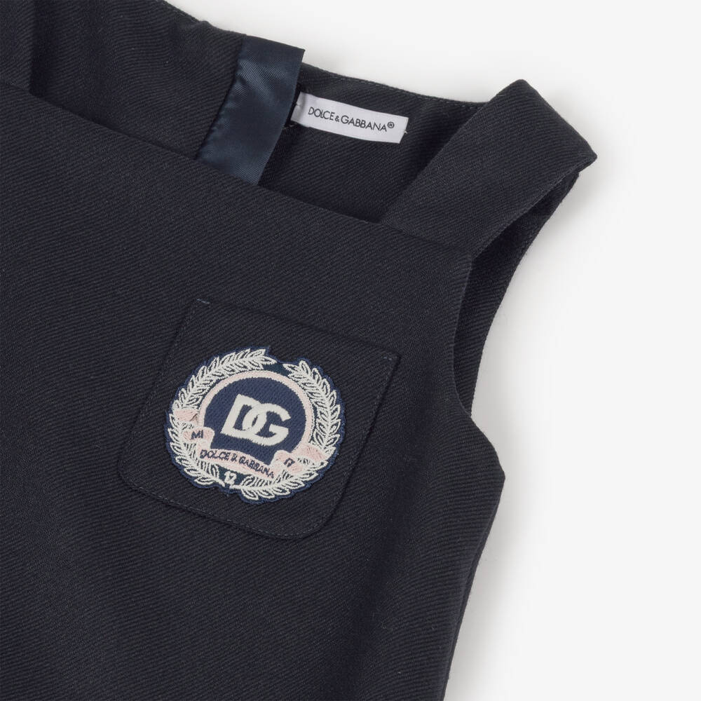 Dolce & Gabbana-Girls Navy Blue Wool Dress with DG Crest Logo | Childrensalon Outlet
