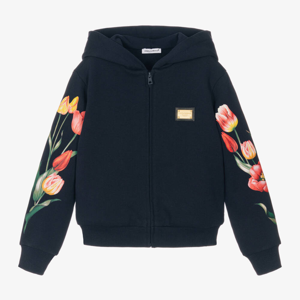 Dolce & Gabbana-Girls Navy Tulip Cotton Hoodie | Childrensalon Outlet