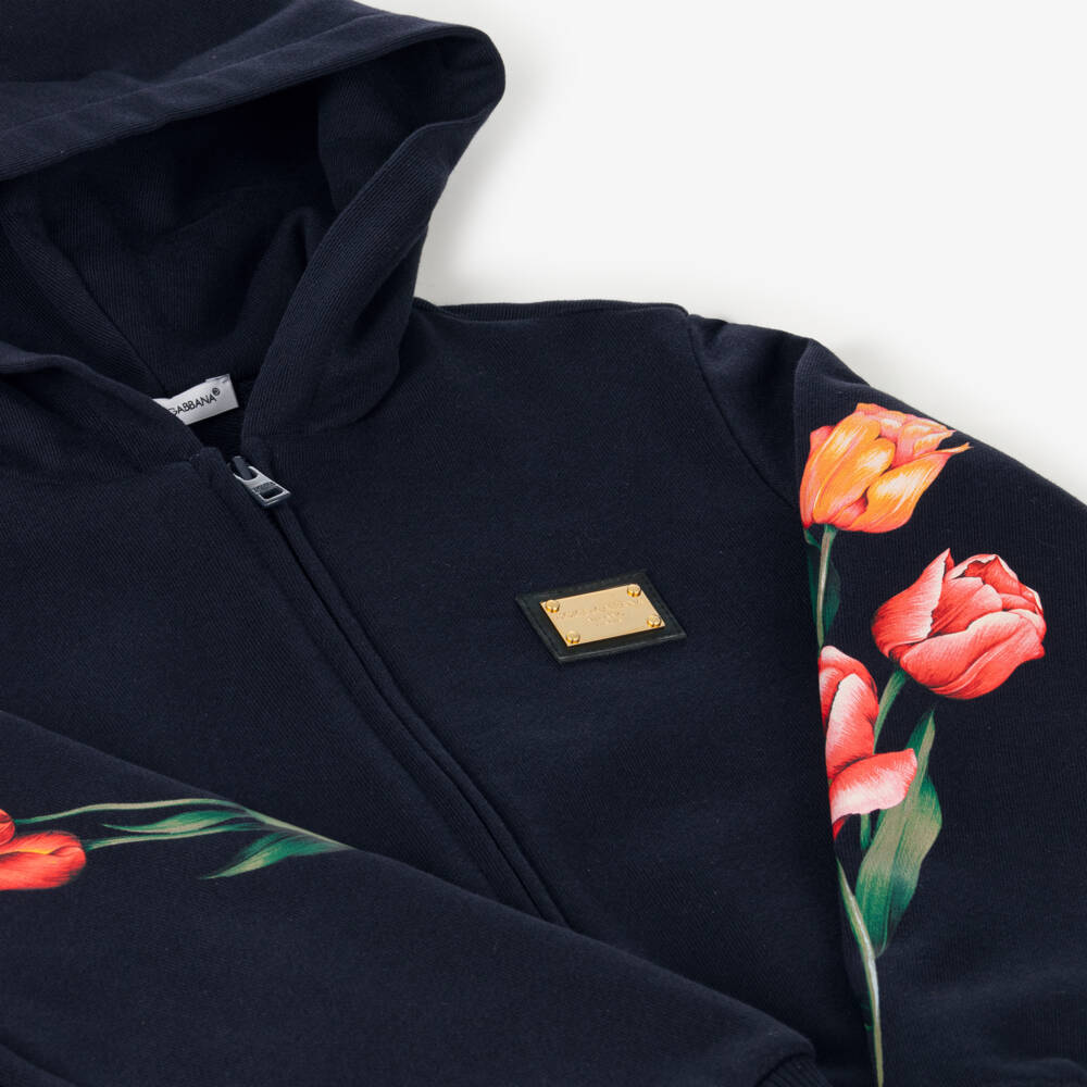 Dolce & Gabbana-Girls Navy Tulip Cotton Hoodie | Childrensalon Outlet