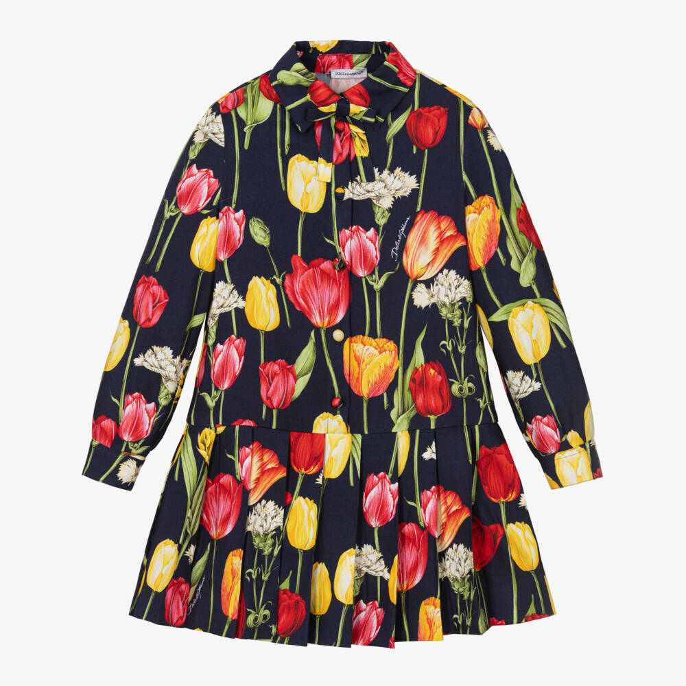 Dolce & Gabbana-Girls Navy Tulip Pattern Dress | Childrensalon Outlet