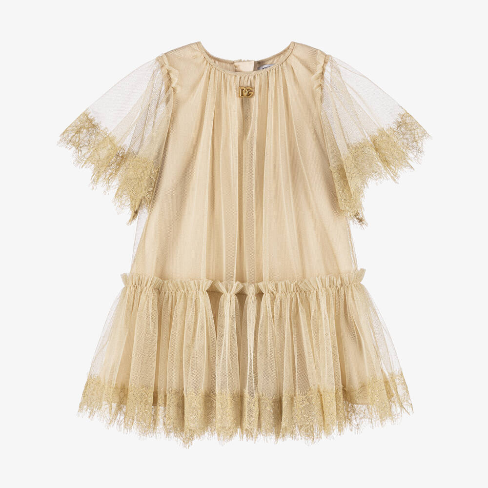 Dolce & Gabbana-فستان فاخر من التول والدانتيل الذهبي للبنات | Childrensalon Outlet