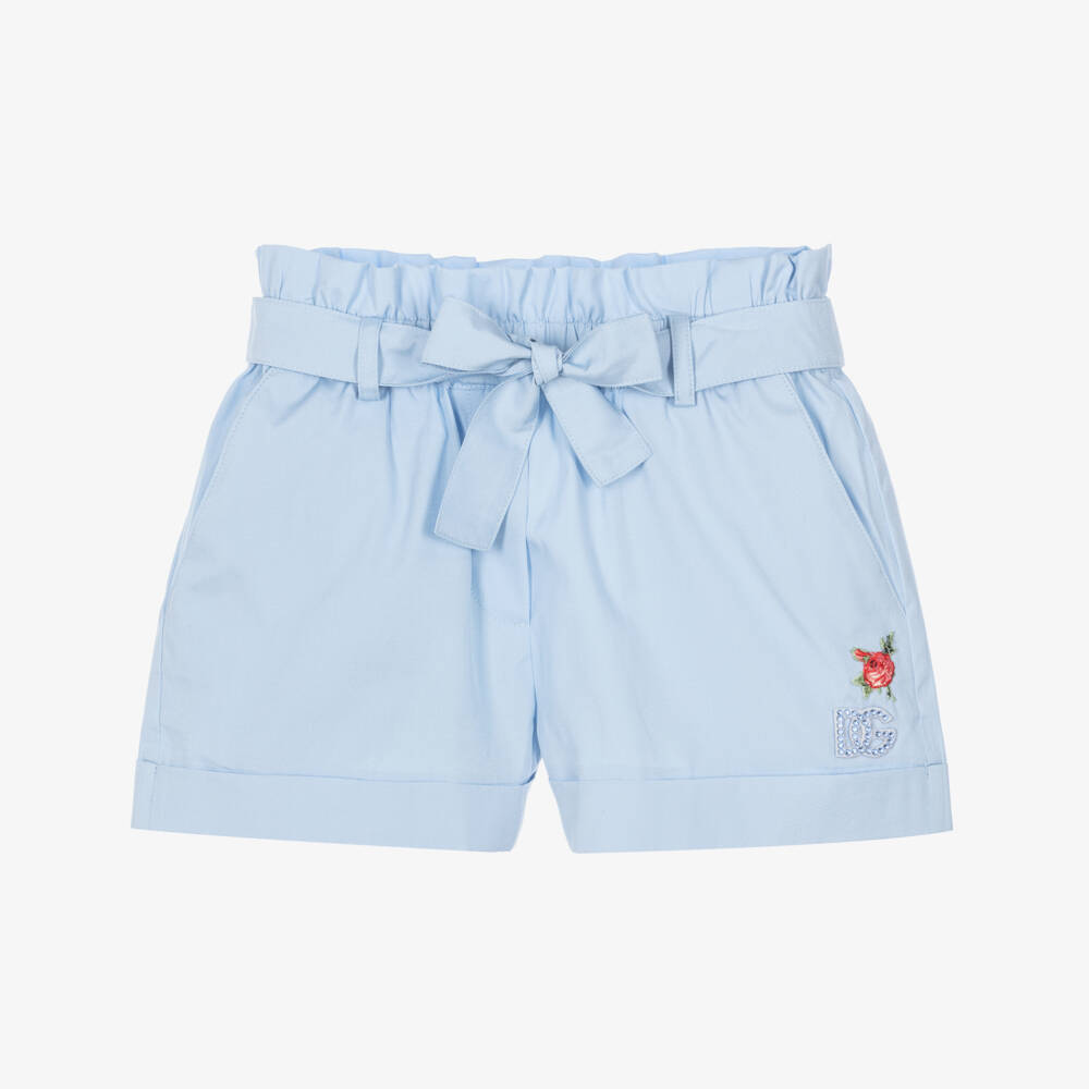 Dolce & Gabbana-Girls Pale Blue Cotton Poplin Shorts with Diamanté Logo | Childrensalon Outlet