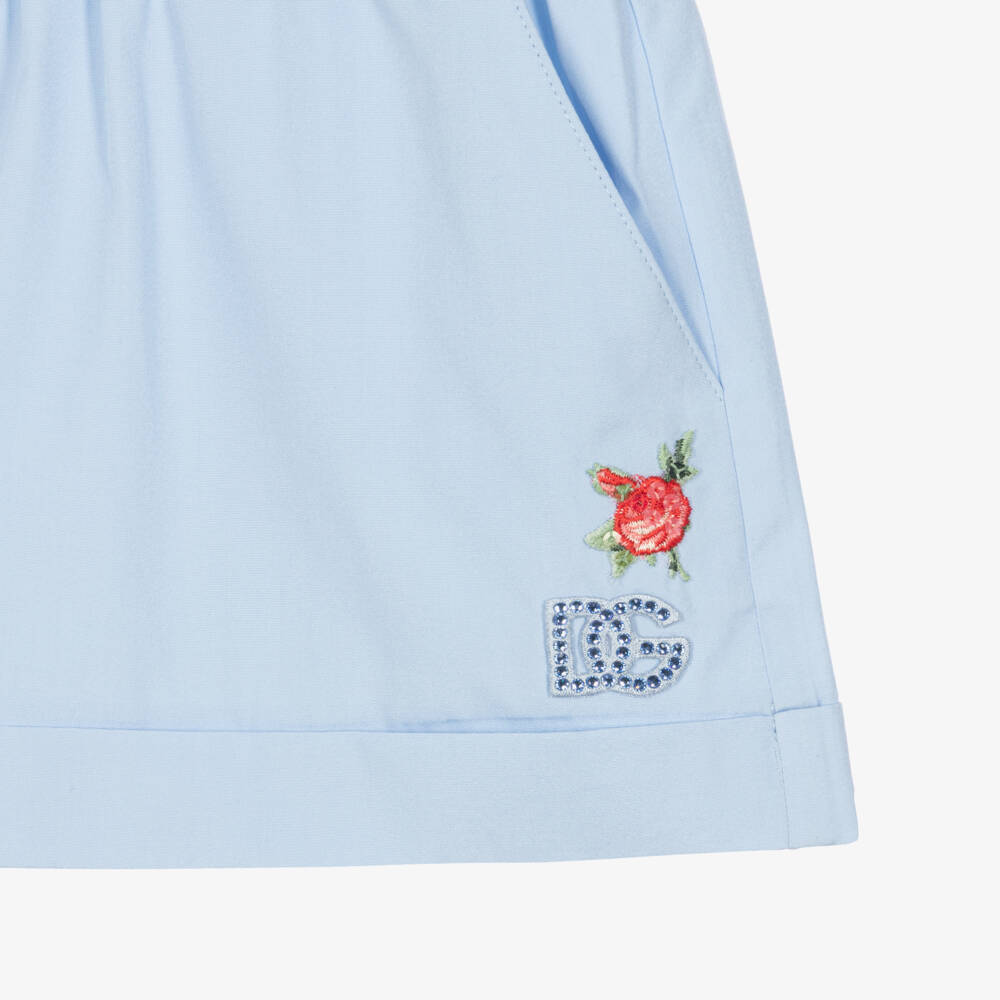 Dolce & Gabbana-Girls Pale Blue Cotton Poplin Shorts with Diamanté Logo | Childrensalon Outlet