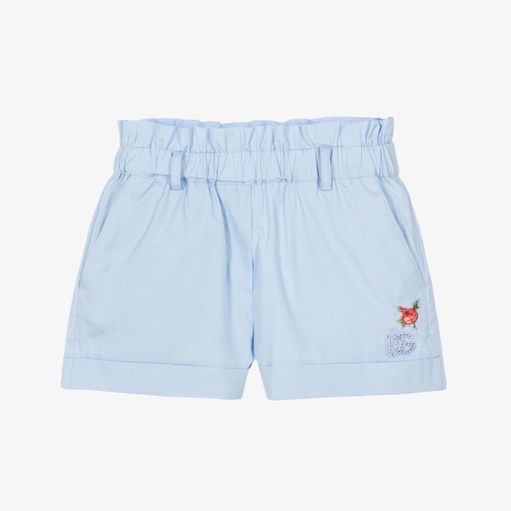Dolce & Gabbana-Girls Pale Blue Cotton Poplin Shorts with Diamanté Logo | Childrensalon Outlet
