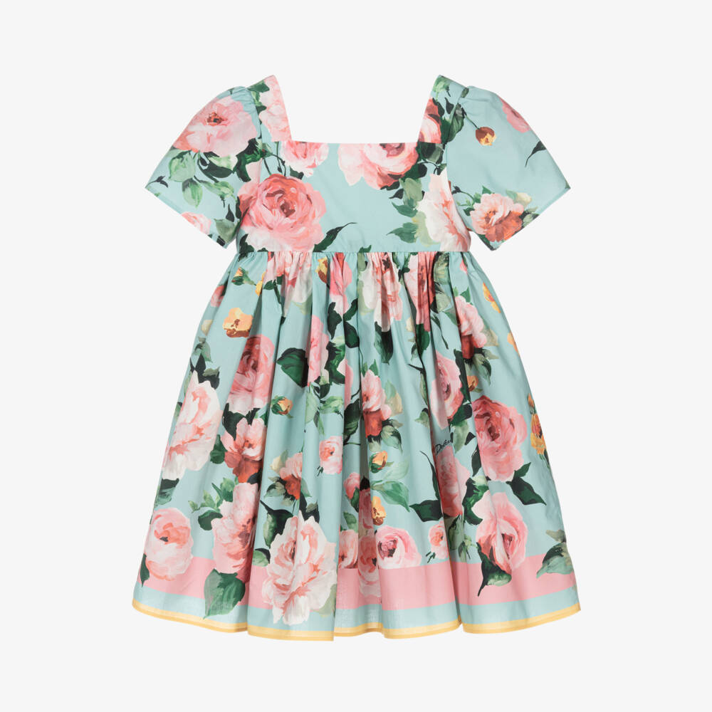 Dolce & Gabbana-فستان بوبلين أزرق فاتح للبنات مزين بالورود | Childrensalon Outlet