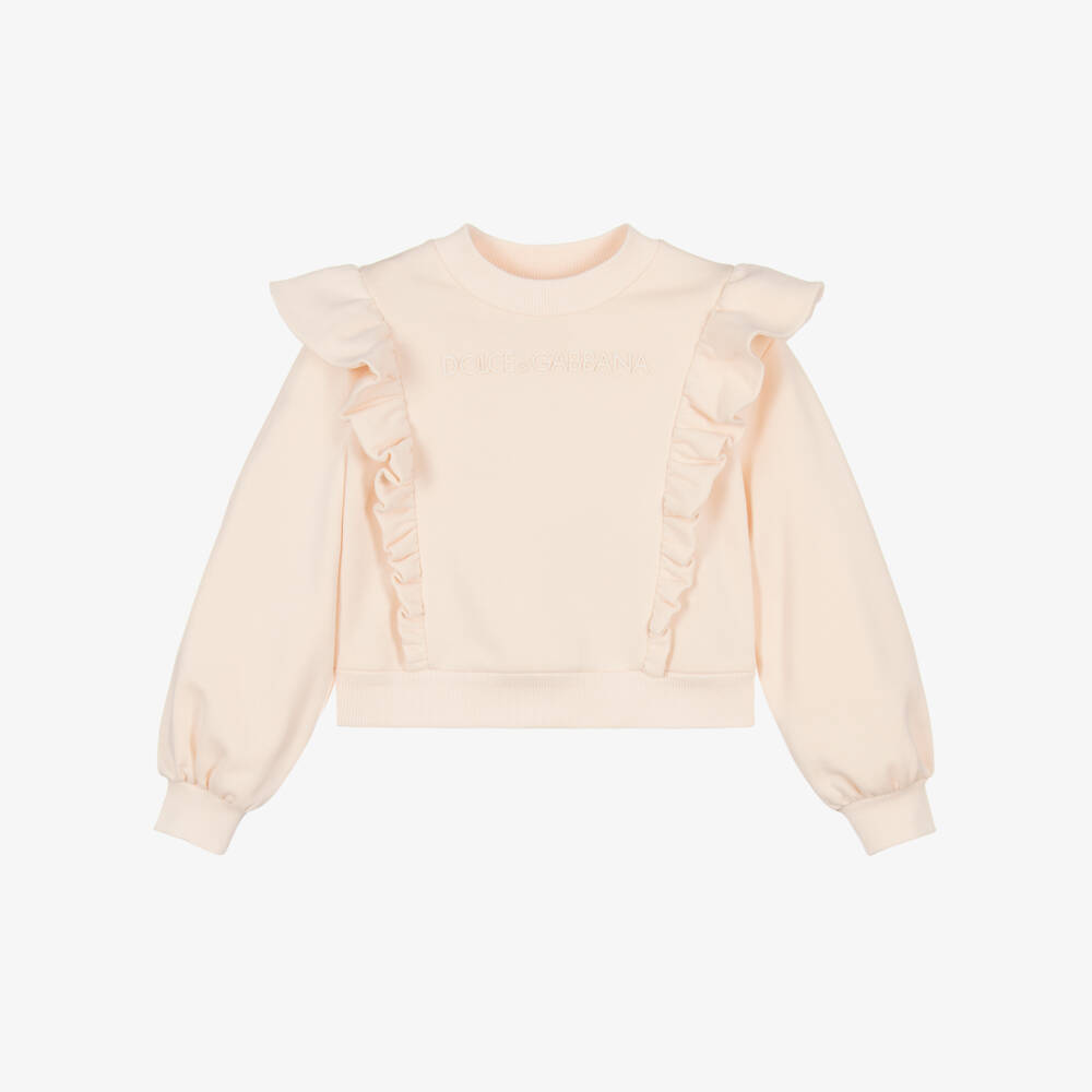 Dolce & Gabbana-Girls Pale Pink Cotton Sweatshirt with Ruffle Trim | Childrensalon Outlet