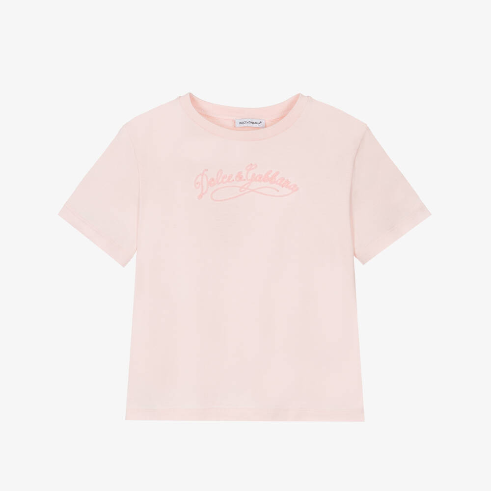 Dolce & Gabbana-Girls Pale Pink Embroidered Logo Cotton T-Shirt | Childrensalon Outlet
