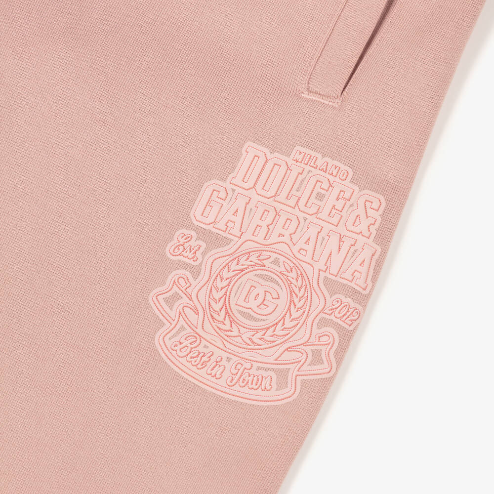 Dolce & Gabbana-Girls Pink Cotton Joggers with Crest Logo | Childrensalon Outlet