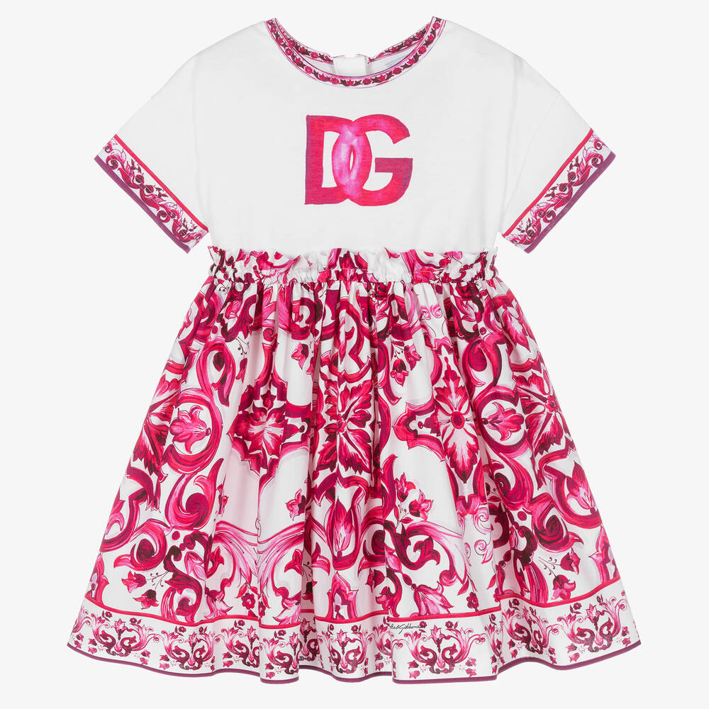 Dolce & Gabbana-Бело-розовое хлопковое платье с принтом Majolica | Childrensalon Outlet