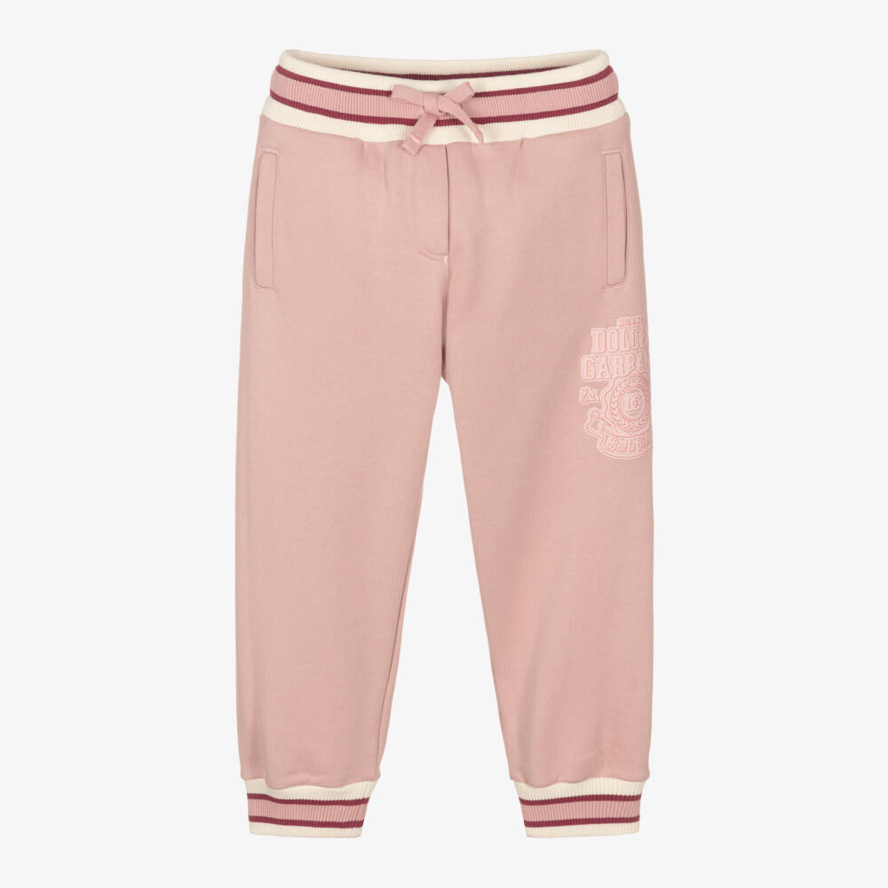 Dolce & Gabbana-Girls Pink Cotton Joggers with Crest Logo | Childrensalon Outlet