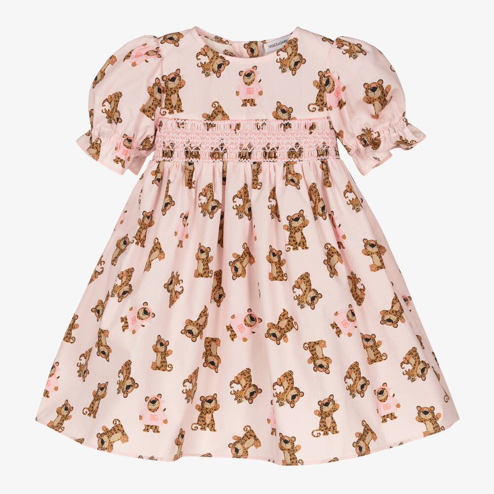 Dolce & Gabbana - Girls Pink Cotton Leopard Smocked Dress | Childrensalon