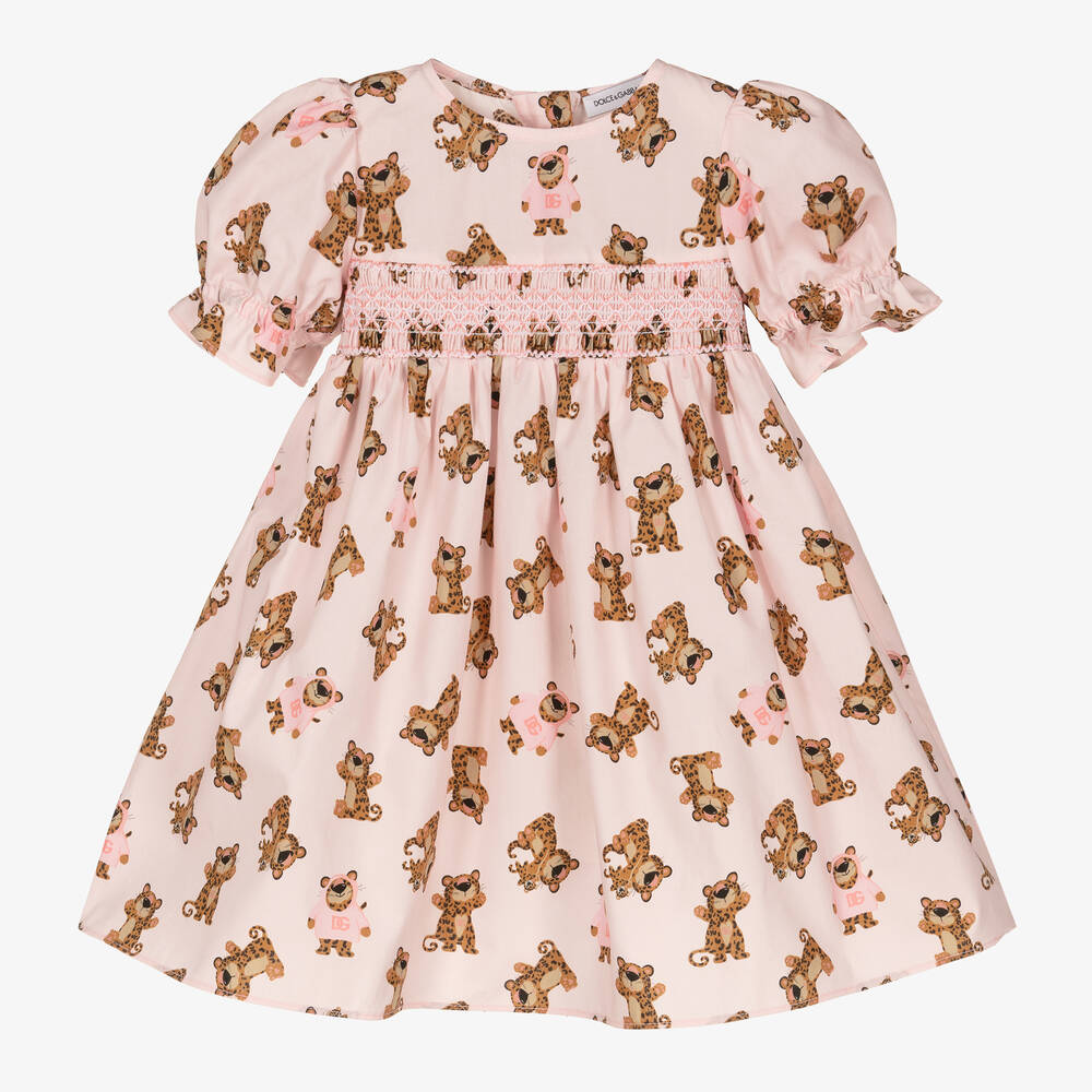 Dolce & Gabbana - Robe rose smockée en coton léopards | Childrensalon