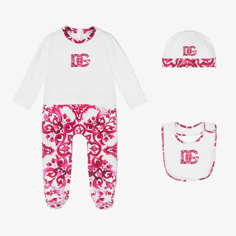 Dolce & Gabbana - Бело-розовый комплект с комбинезоном с принтом Majolica | Childrensalon