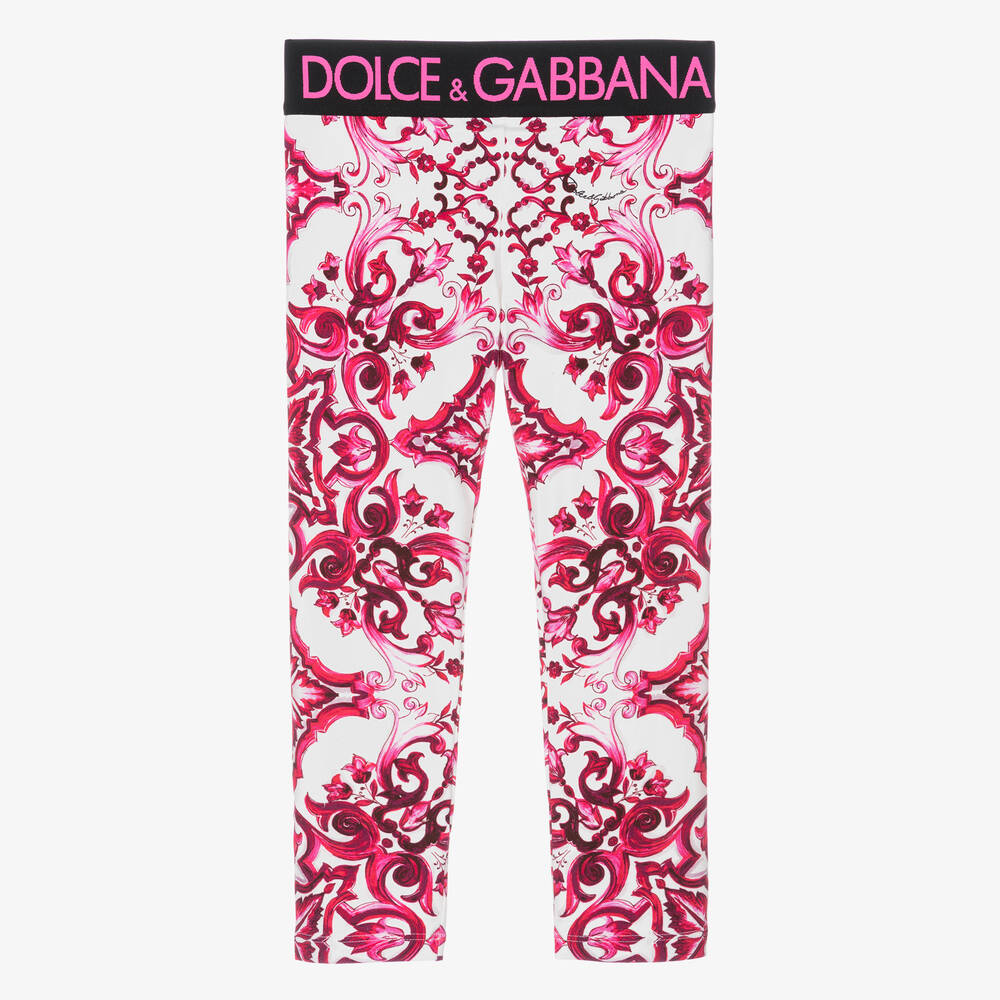Dolce & Gabbana - Бело-розовые хлопковые легинсы с принтом Majolica | Childrensalon