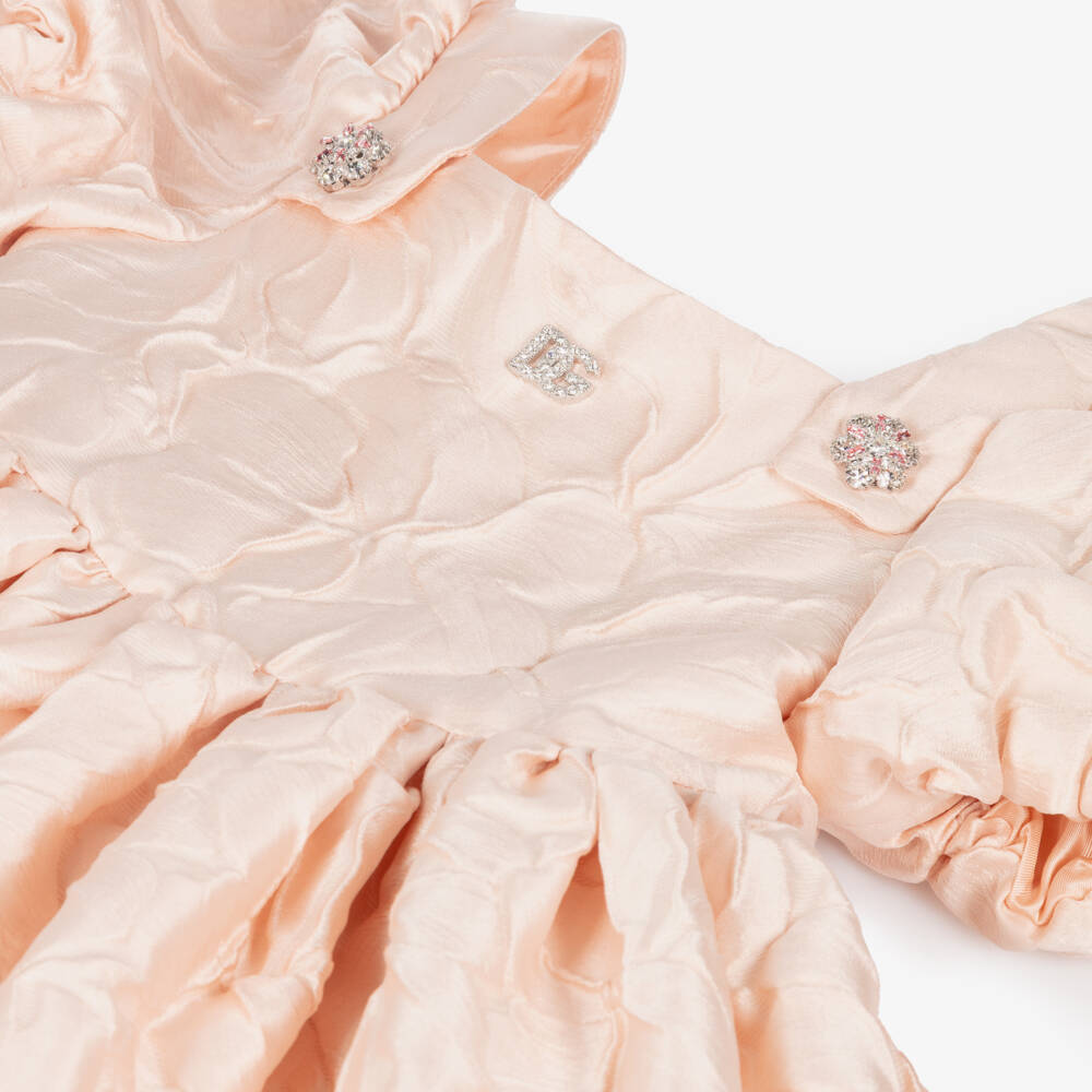 Dolce & Gabbana-Girls Pink Floral Brocade Dress with Diamanté Logo | Childrensalon Outlet