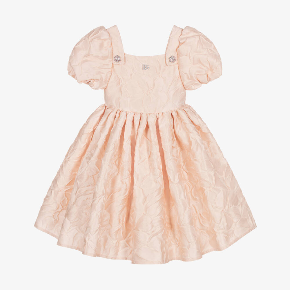Dolce & Gabbana-Girls Pink Floral Brocade Dress with Diamanté Logo | Childrensalon Outlet