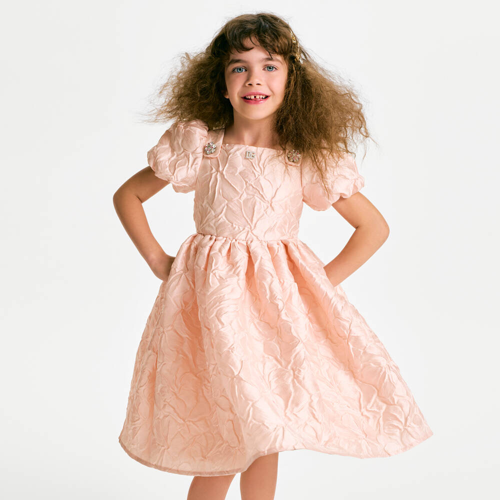 Dolce & Gabbana-Girls Pink Floral Brocade Dress with Diamanté Logo | Childrensalon Outlet