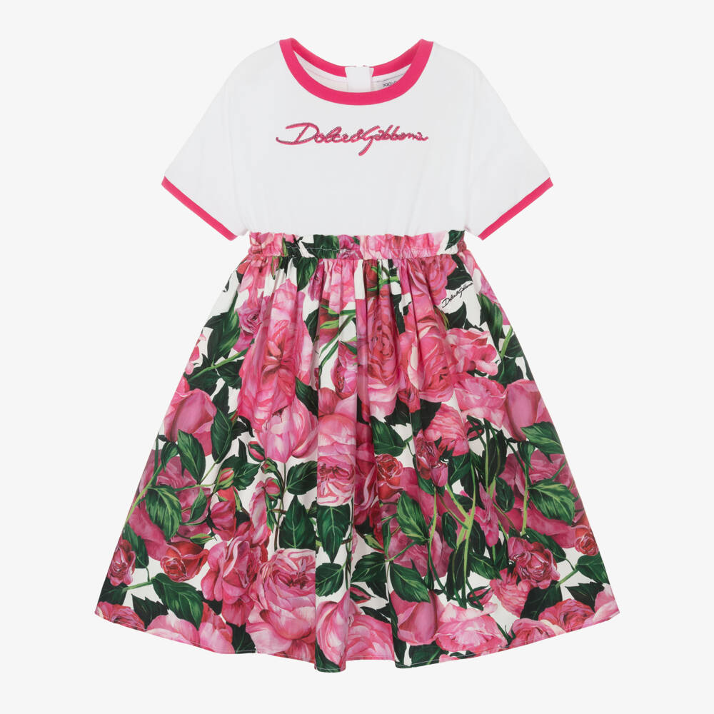 Dolce & Gabbana-فستان بطبعة ورود قطن لون زهري | Childrensalon Outlet