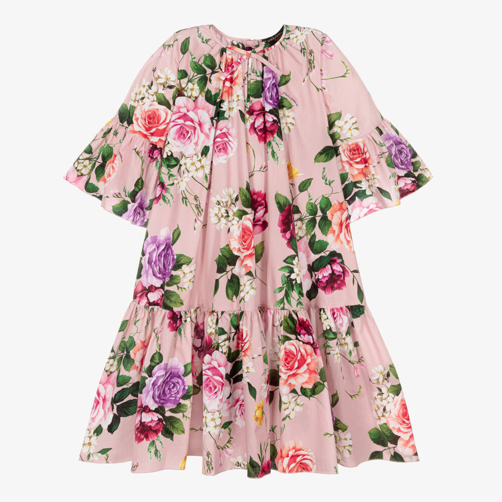 Dolce & Gabbana-Girls Pink Floral Cotton Poplin Dress | Childrensalon Outlet