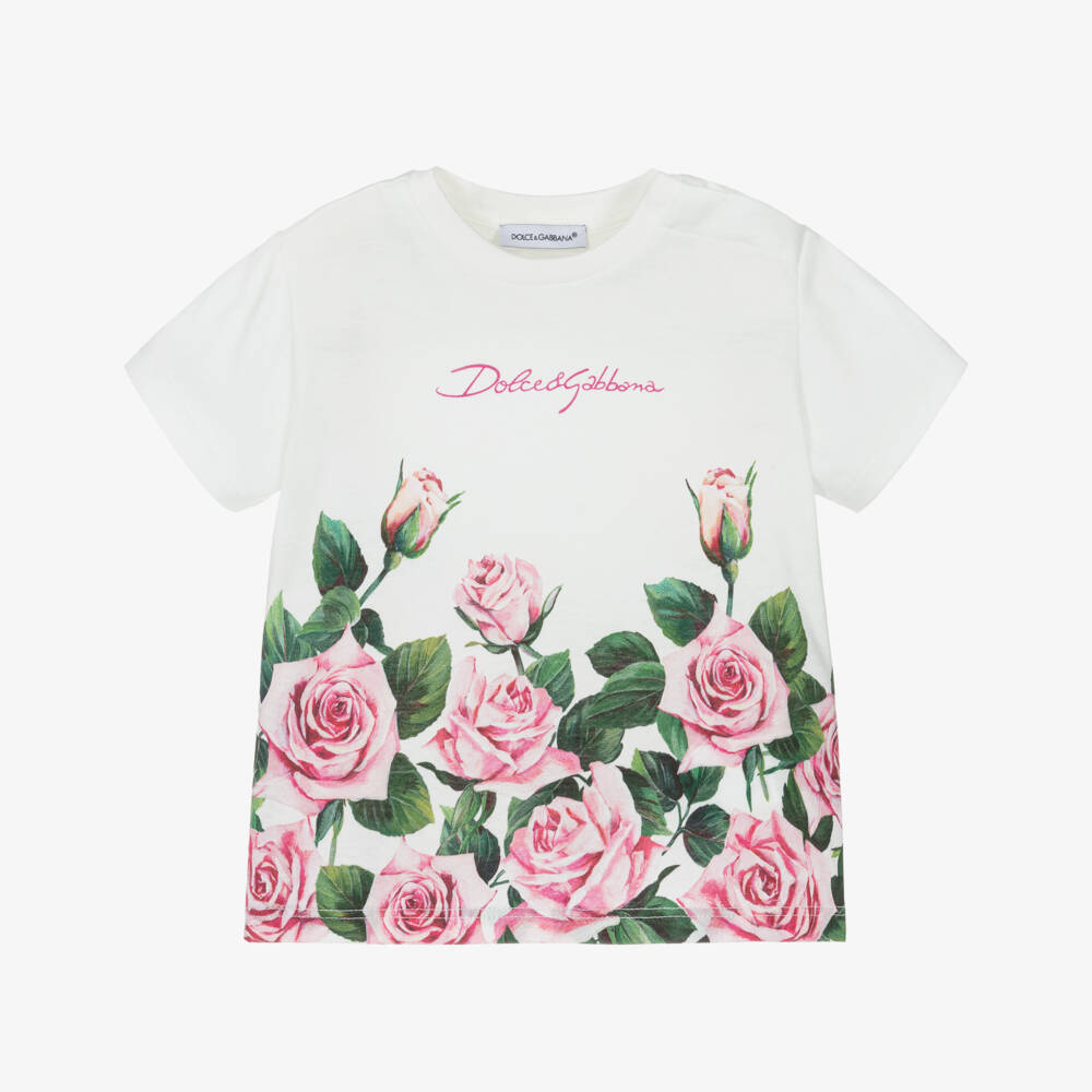 Dolce & Gabbana-Футболка из хлопка с цветочным узором для девочек розовая | Childrensalon Outlet