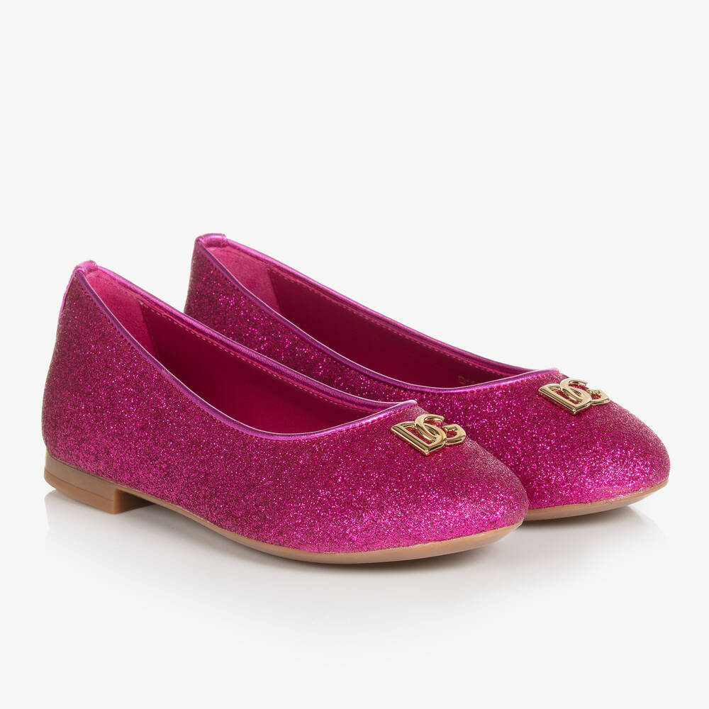 Dolce & Gabbana -  حذاء بمب باليرينا جلد لون زهري فيوشيا غليتر للبنات | Childrensalon