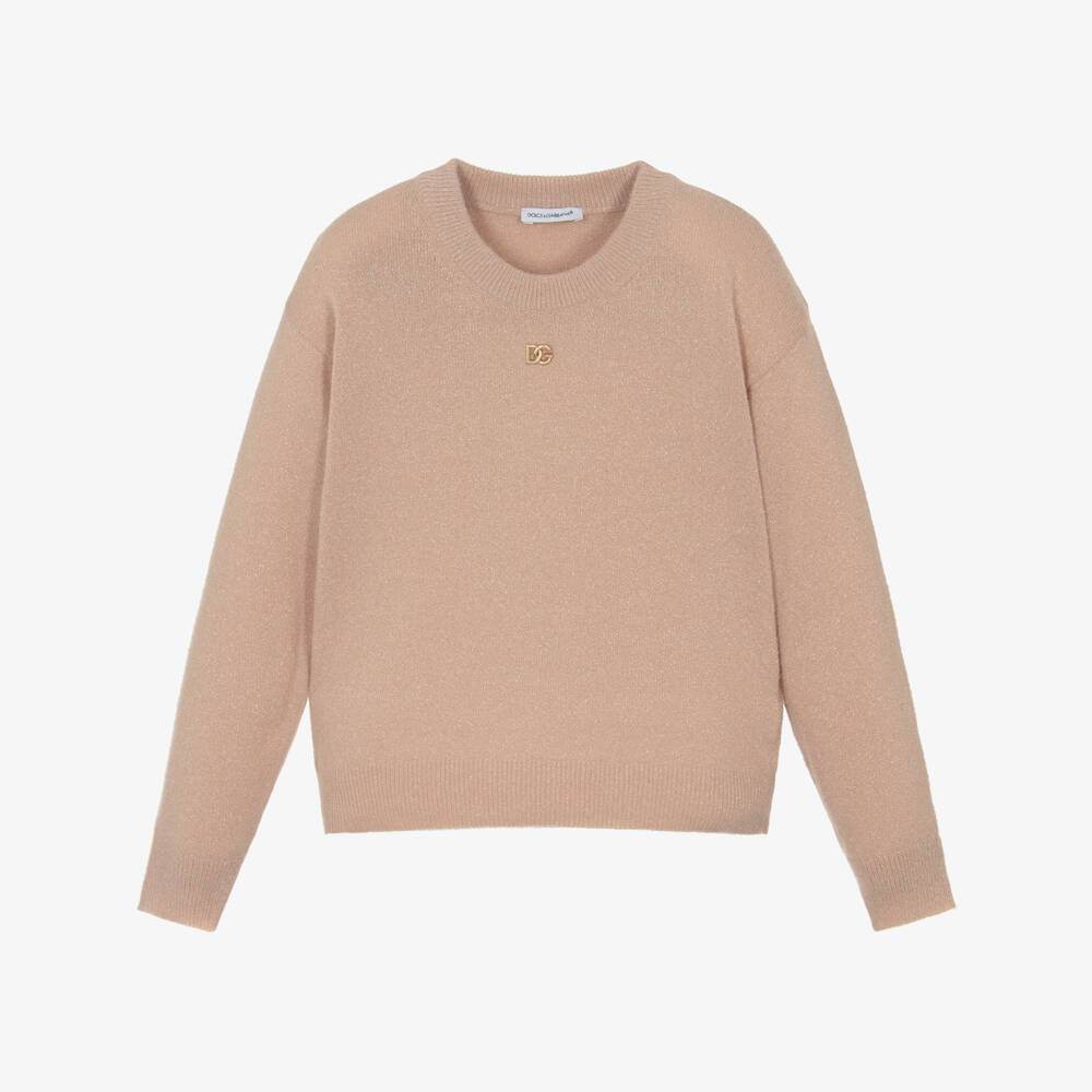 Dolce & Gabbana-Girls Pink & Glittery Gold Knitted Sweater with DG Logo | Childrensalon Outlet