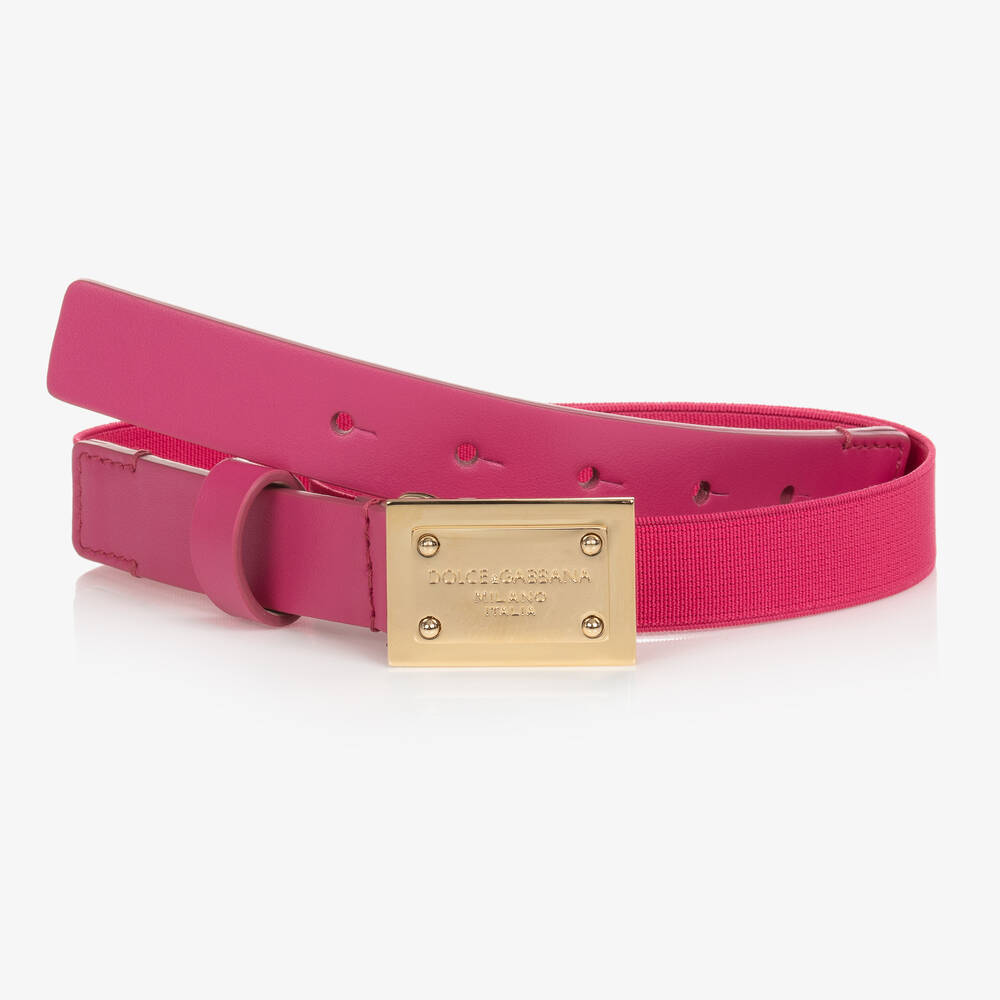 Dolce & Gabbana - Girls Pink & Gold Leather Logo Plate Belt | Childrensalon