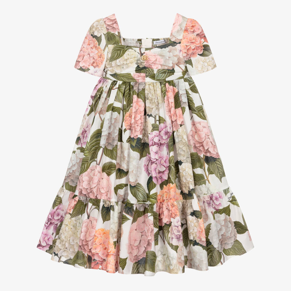 Dolce & Gabbana-Girls Pink & Green Hydrangea Poplin Dress | Childrensalon Outlet