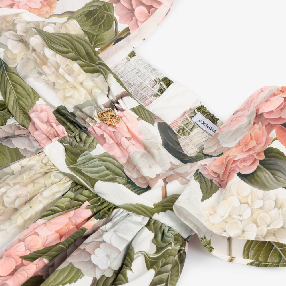 Dolce & Gabbana-Girls Pink & Green Hydrangea Poplin Dress | Childrensalon Outlet