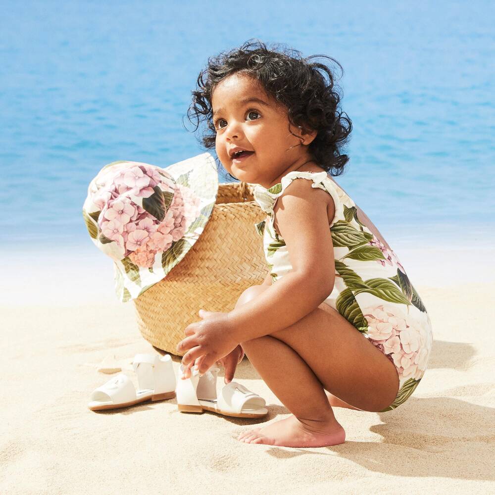 Dolce & Gabbana-Girls Pink & Green Hydrangea Print Poplin Sun Hat | Childrensalon Outlet