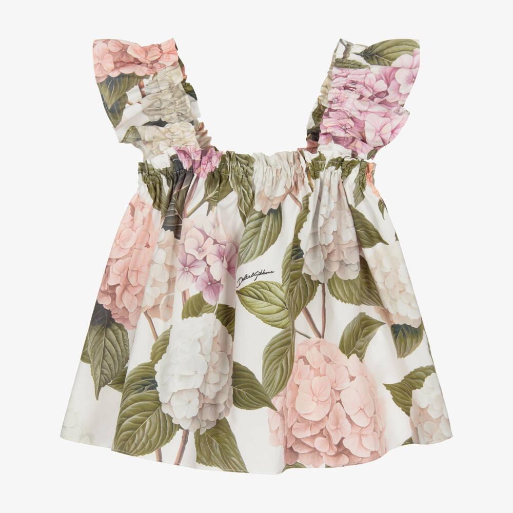 Dolce & Gabbana-Girls Pink & Green Hydrangea Print Poplin Top | Childrensalon Outlet
