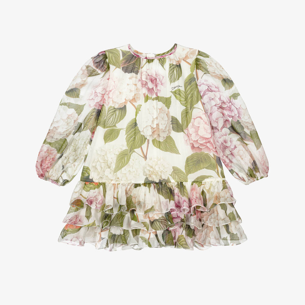 Dolce & Gabbana-Girls Pink & Green Hydrangea Print Silk Chiffon Dress | Childrensalon Outlet