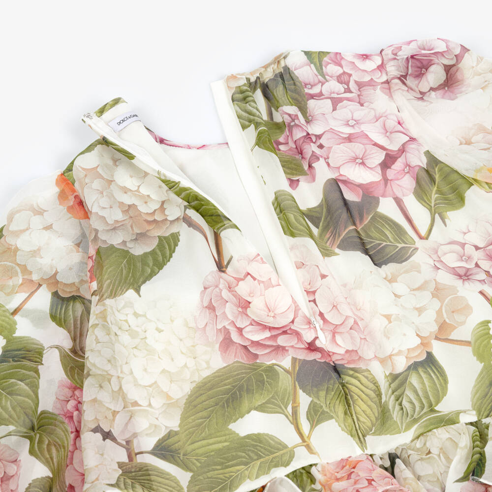 Dolce & Gabbana-Girls Pink & Green Hydrangea Print Silk Chiffon Dress | Childrensalon Outlet