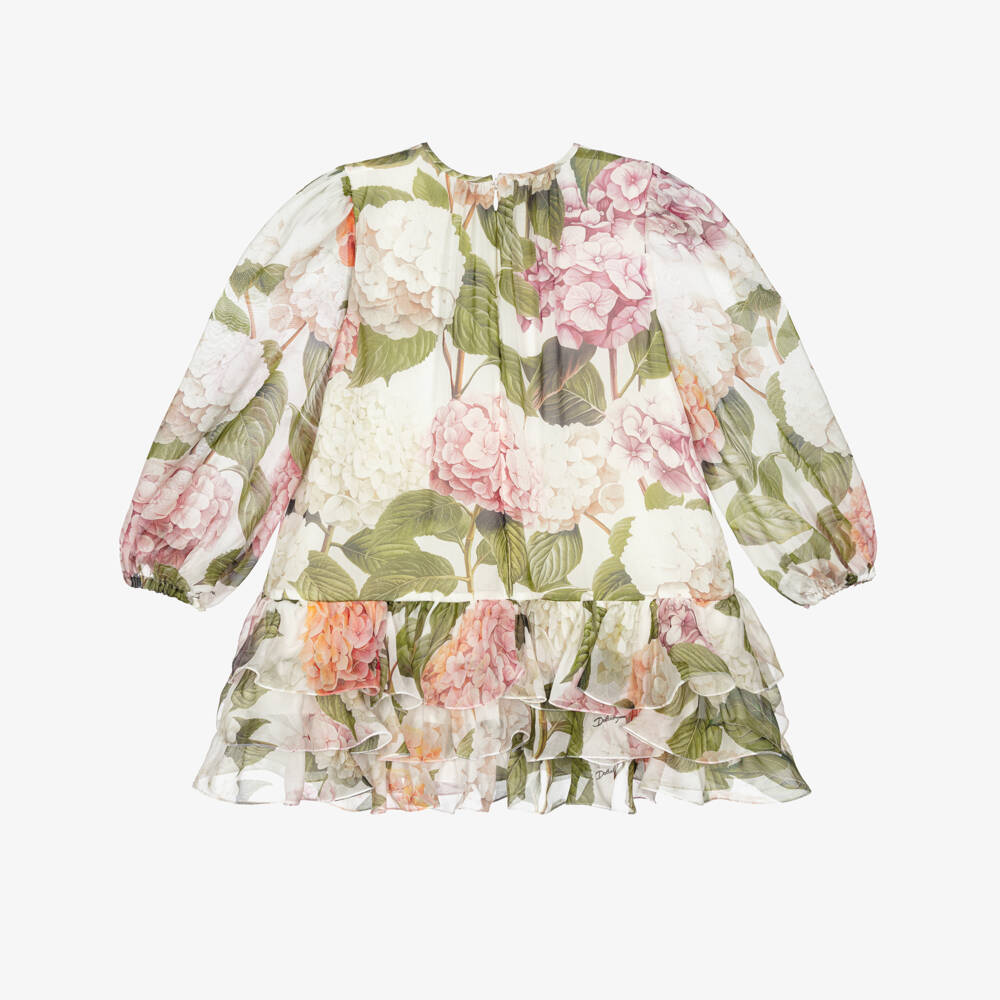 Dolce & Gabbana-Girls Pink & Green Hydrangea Print Silk Chiffon Dress | Childrensalon Outlet