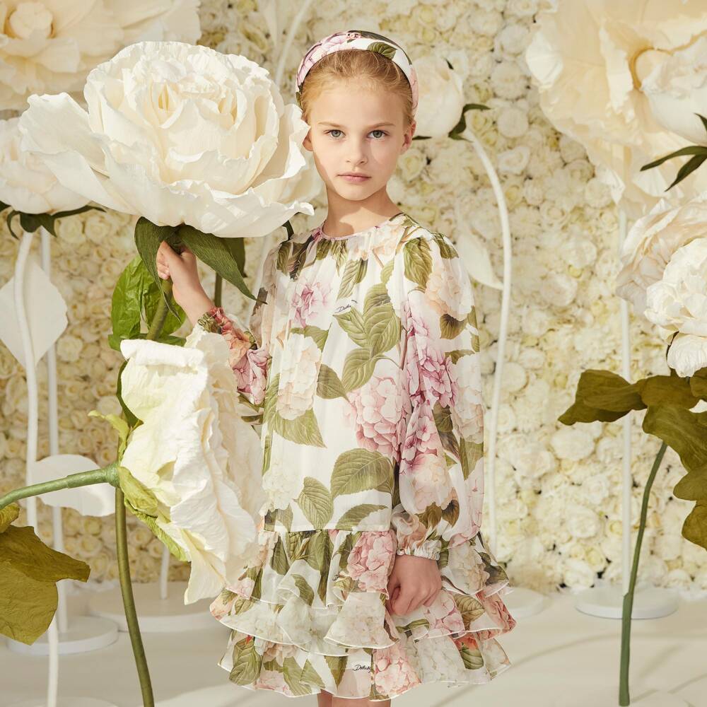 Dolce & Gabbana-Girls Pink & Green Hydrangea Print Silk Chiffon Dress | Childrensalon Outlet
