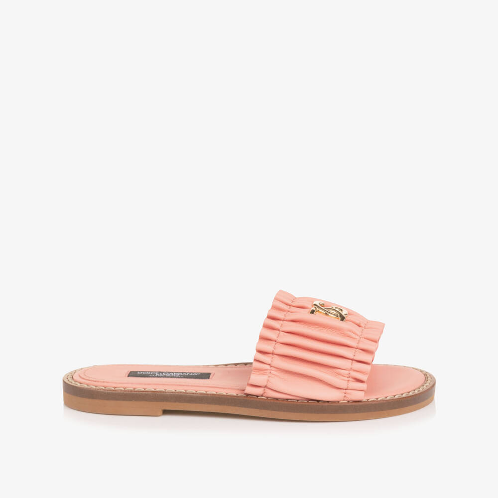 Dolce & Gabbana-Girls Pink Leather Ruffle Sliders with DG Logo | Childrensalon Outlet