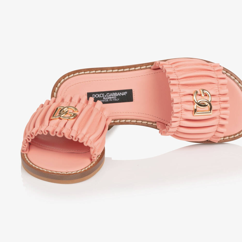Dolce & Gabbana-Girls Pink Leather Ruffle Sliders with DG Logo | Childrensalon Outlet